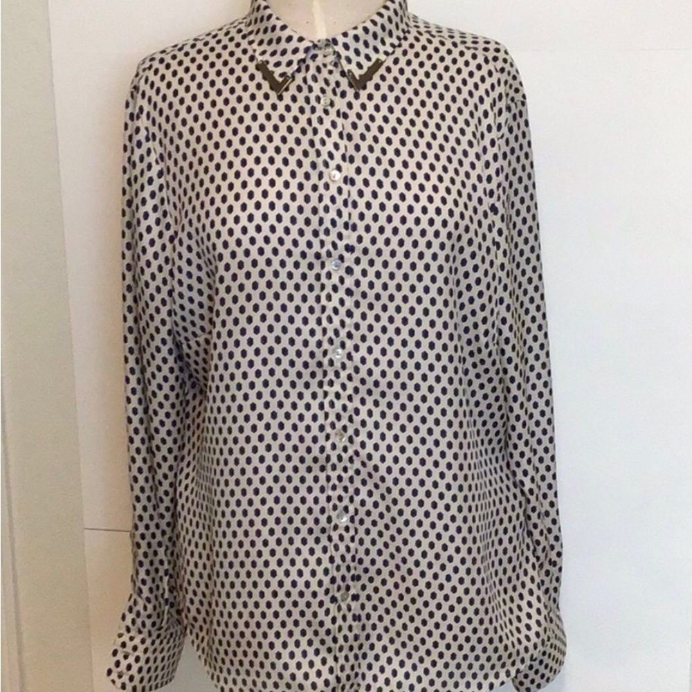 Zara Blouse Blue Cream Button Down Blouse Shirt Size XXL